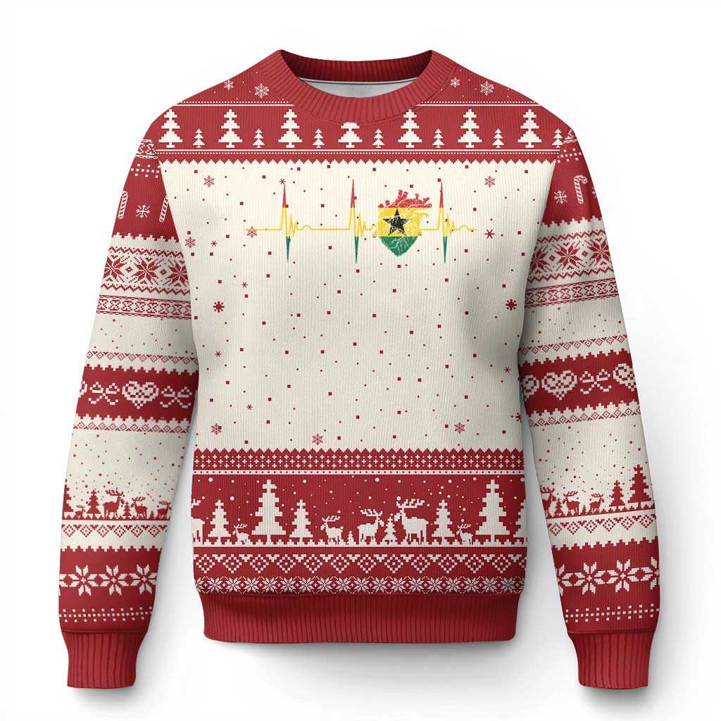 Heart Ghana Flag Ugly Christmas Sweater Heartbeat EKG Pulse Proud Ghanaian