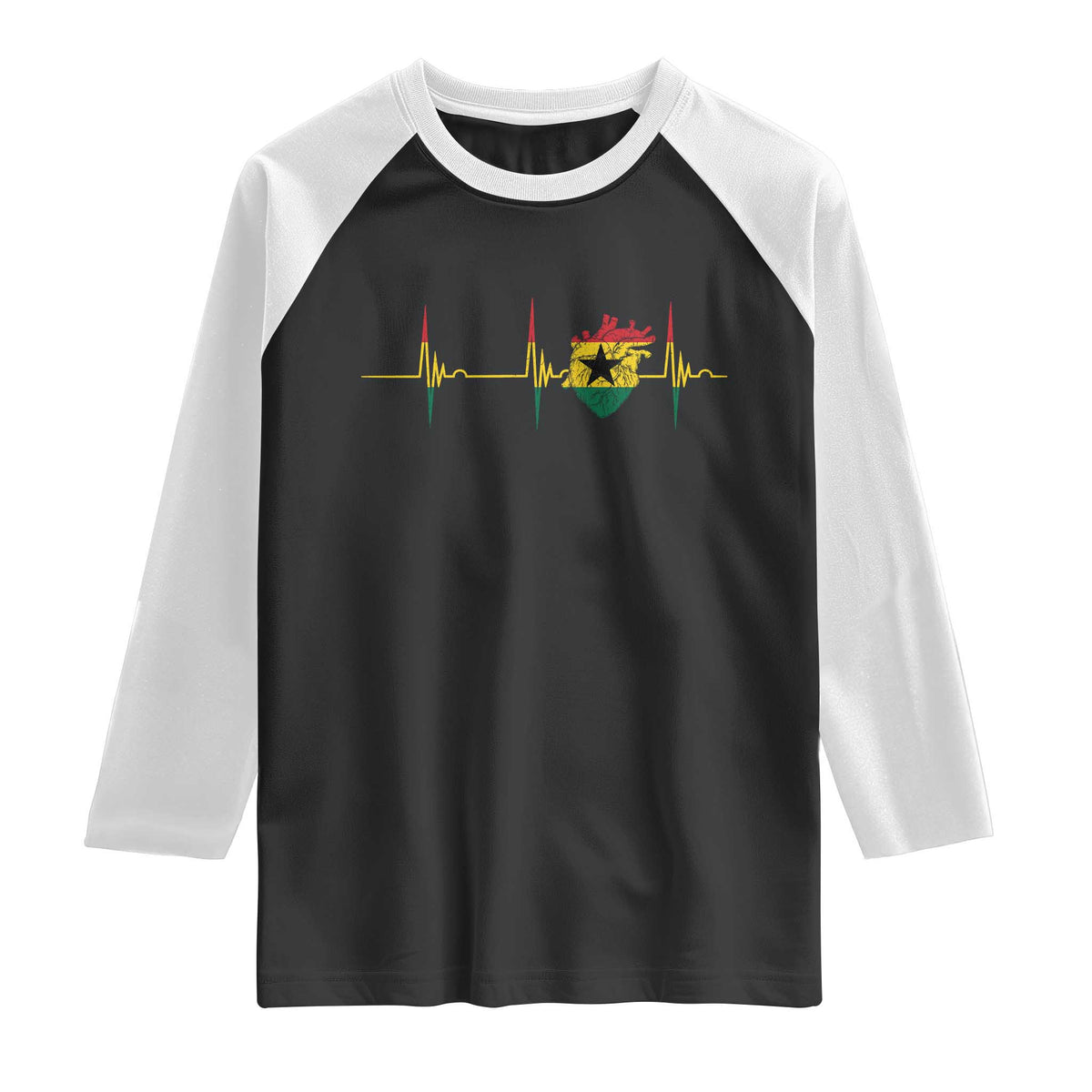 Heart Ghana Flag Raglan Shirt Heartbeat EKG Pulse Proud Ghanaian