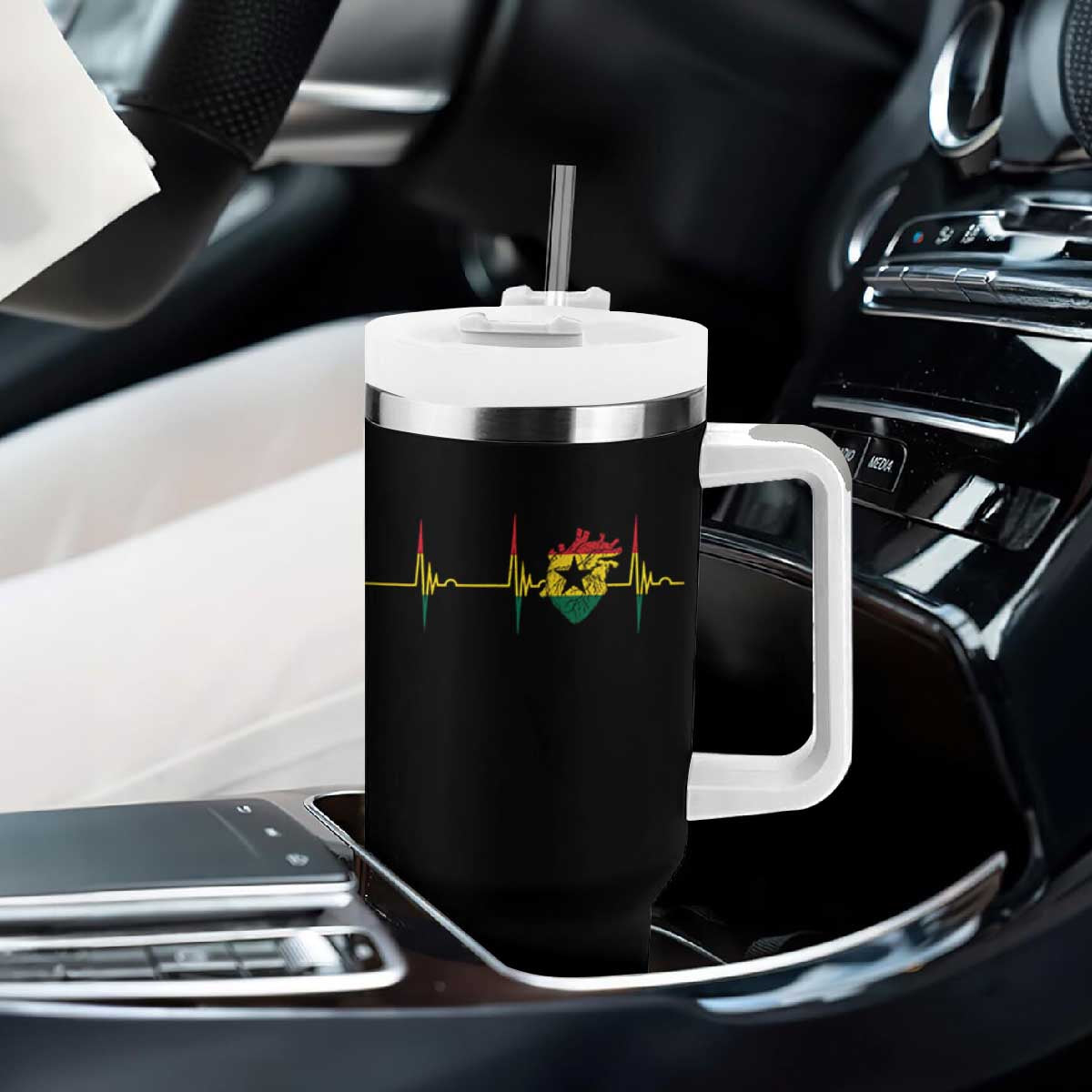 Heart Ghana Flag Tumbler With Handle Heartbeat EKG Pulse Proud Ghanaian