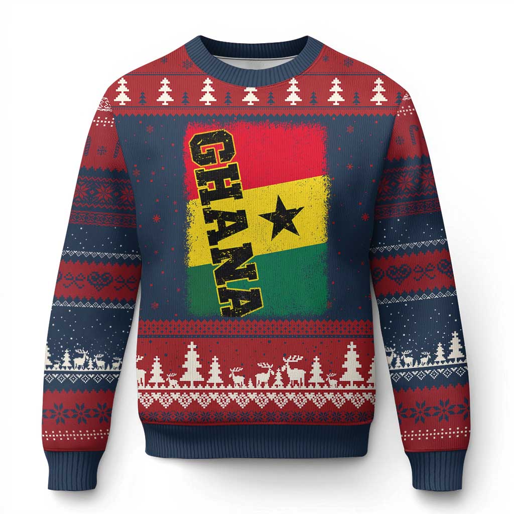 Vintage Distressed Ghana Flag Ugly Christmas Sweater Ghanaian Heritage Africa Ghanese Roots TS10 Navy Red Print Your Wear
