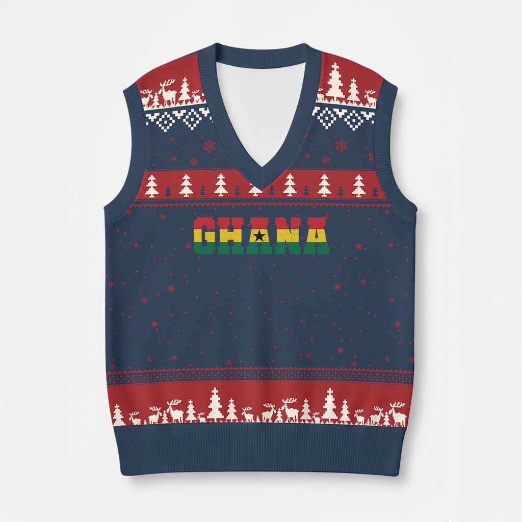 Ghana Flag V-Neck Knit Sweater Vest Varsity Lettering Design Ghanaian Pride Heritage Graphic