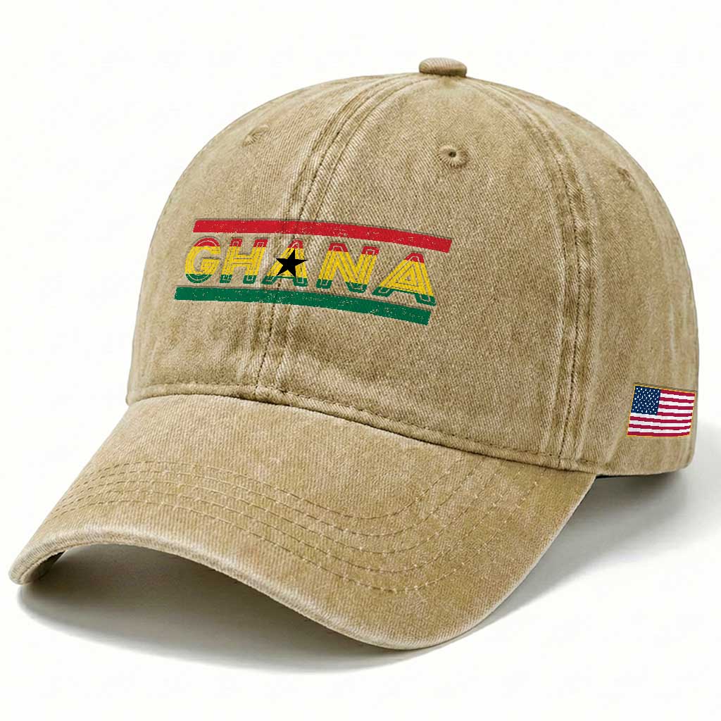 Retro Ghana Flag Washed Cotton Baseball Cap Vintage Ghanaian Pride Ghanese Roots Heritage Graphic
