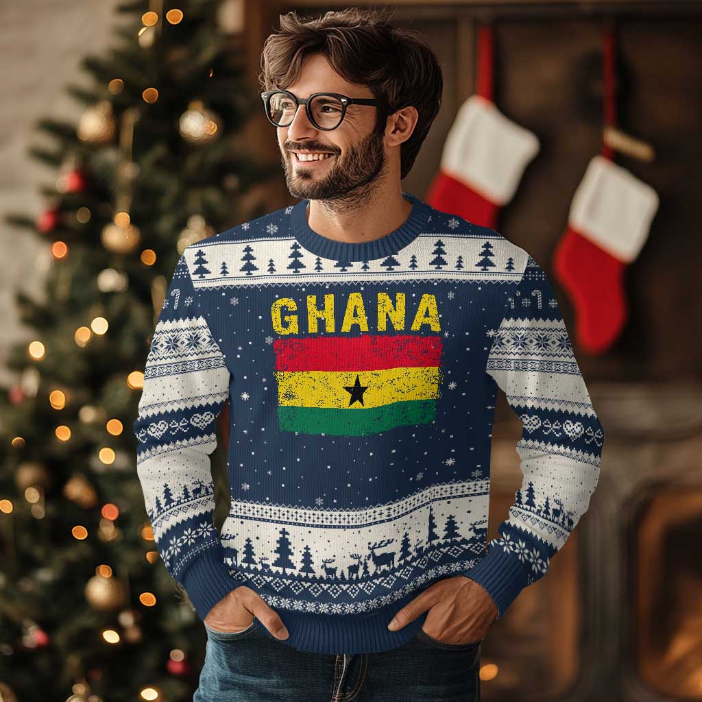 Vintage Ghana Flag Distressed Design Ugly Christmas Sweater Proud Ghanaian Heritage African Pride