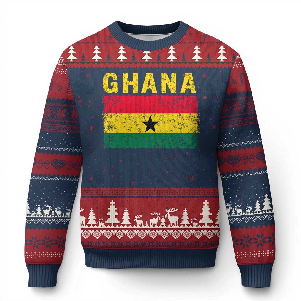 Vintage Ghana Flag Distressed Design Ugly Christmas Sweater Proud Ghanaian Heritage African Pride TS10 Navy Red Print Your Wear