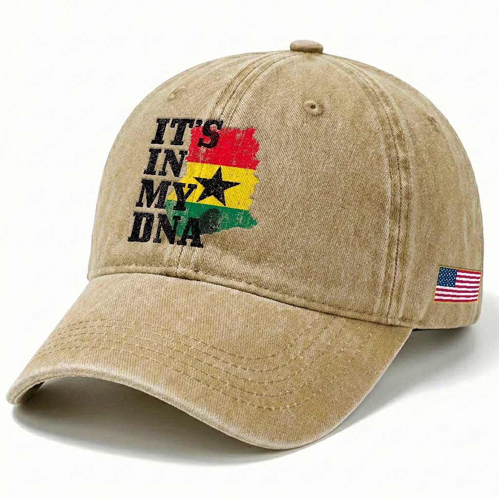 Its In My DNA Ghana Washed Cotton Baseball Cap Proud Ghanaian Heritage Ghanese Roots Vintage Ghana Map Flag