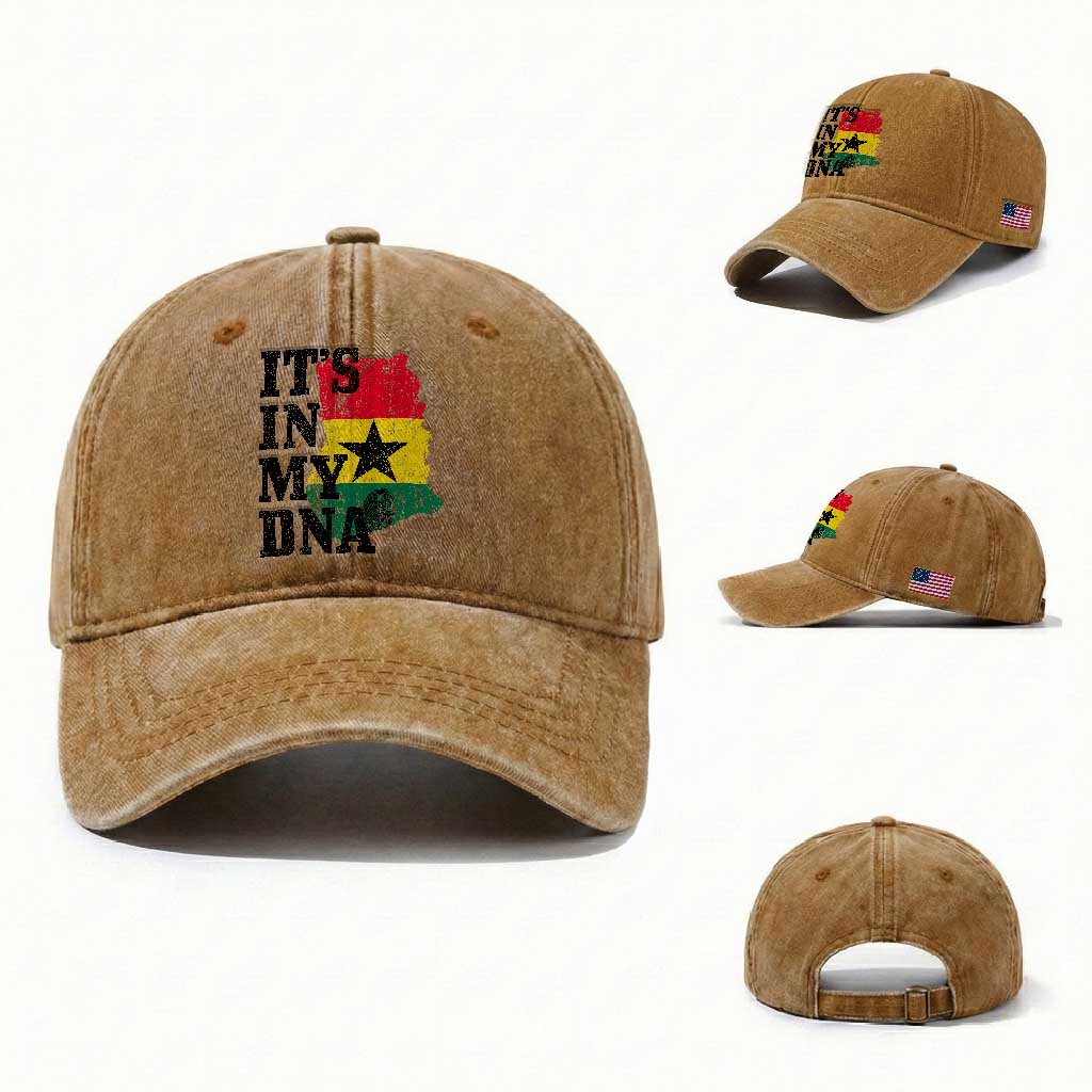 Its In My DNA Ghana Washed Cotton Baseball Cap Proud Ghanaian Heritage Ghanese Roots Vintage Ghana Map Flag