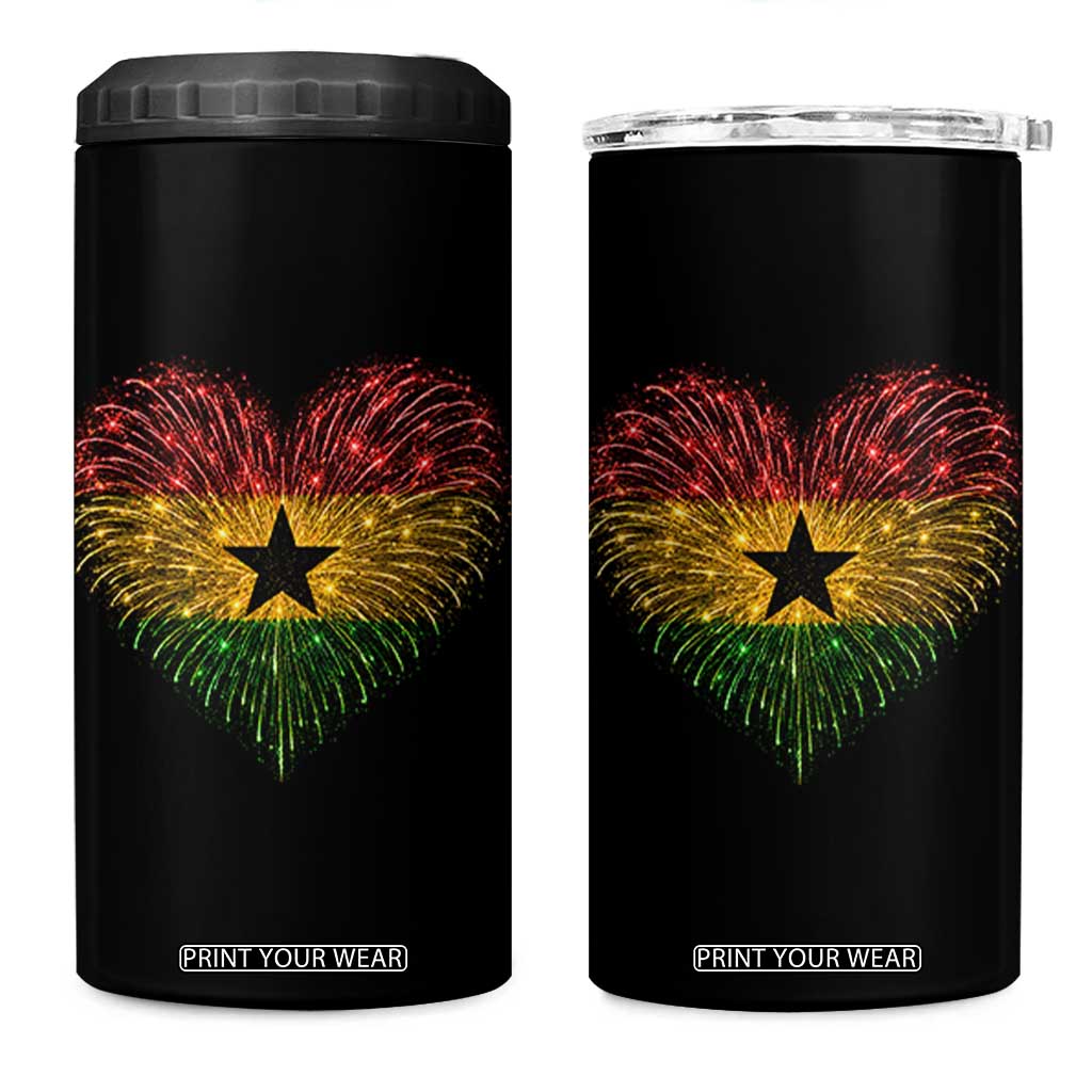 Ghana Flag Heart Ghanaian Flag 4 in 1 Can Cooler Tumbler Heart Fireworks Patriotic Independence Day Celebration Graphic