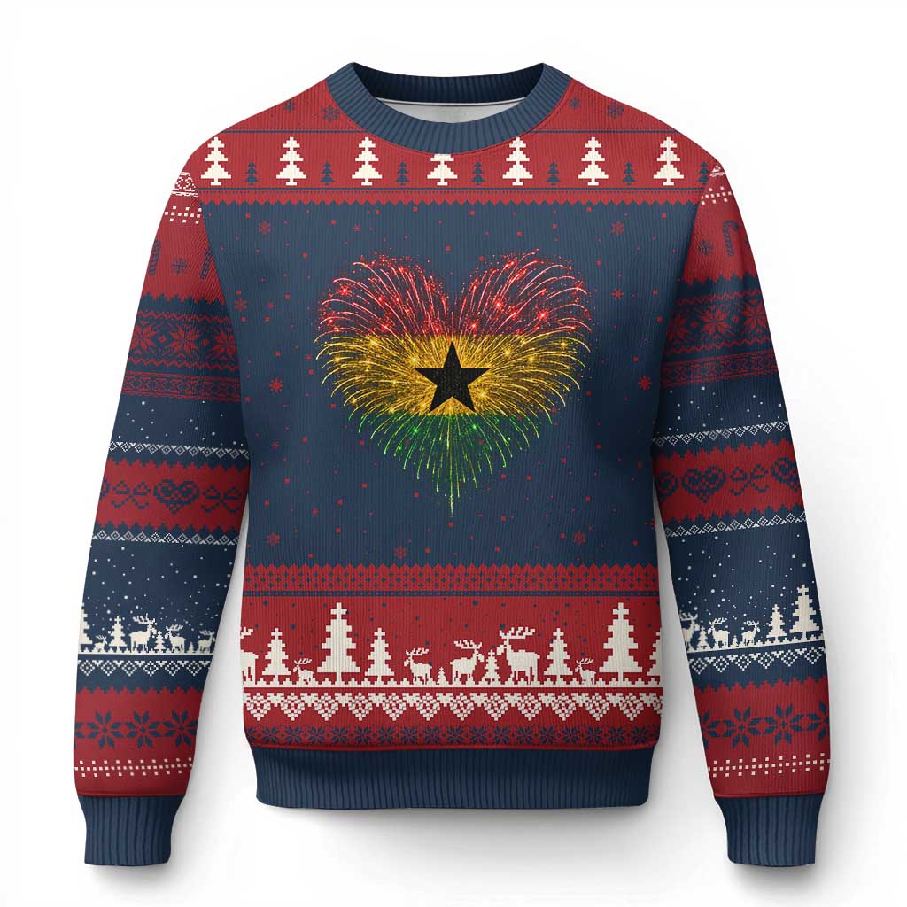 Ghana Flag Heart Ghanaian Flag Ugly Christmas Sweater Heart Fireworks Patriotic Independence Day Celebration Graphic TS10 Navy Red Print Your Wear