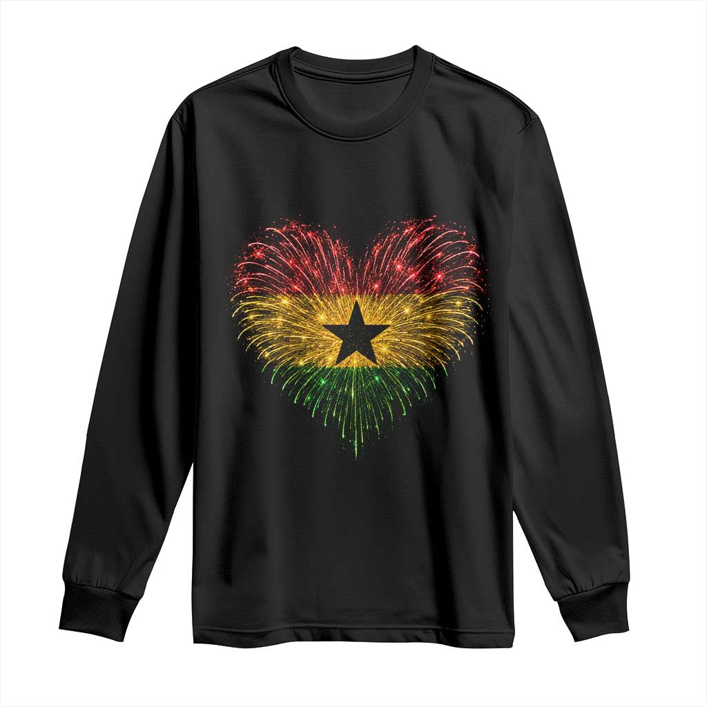 Ghana Flag Heart Ghanaian Flag Long Sleeve Shirt Heart Fireworks Patriotic Independence Day Celebration Graphic