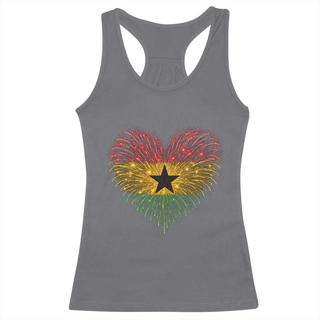 Ghana Flag Heart Ghanaian Flag Racerback Tank Top Heart Fireworks Patriotic Independence Day Celebration Graphic