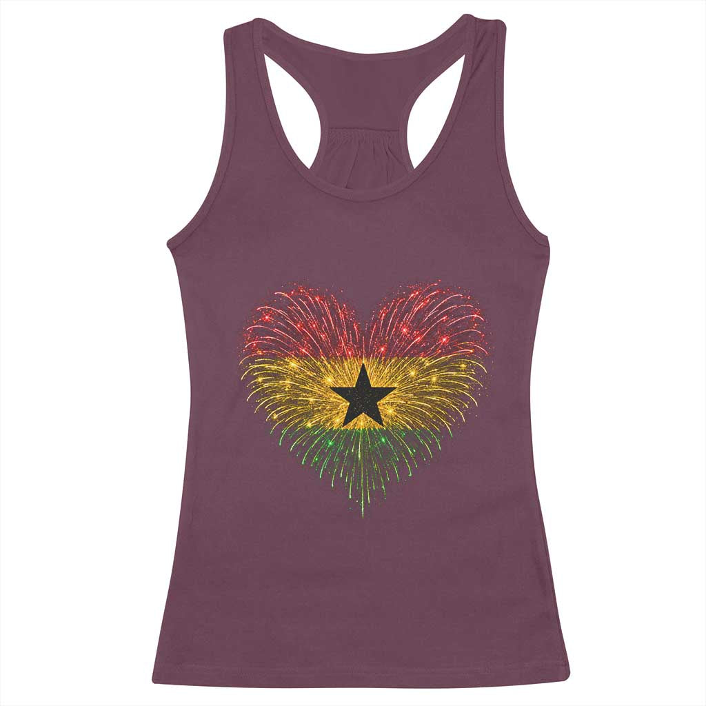 Ghana Flag Heart Ghanaian Flag Racerback Tank Top Heart Fireworks Patriotic Independence Day Celebration Graphic