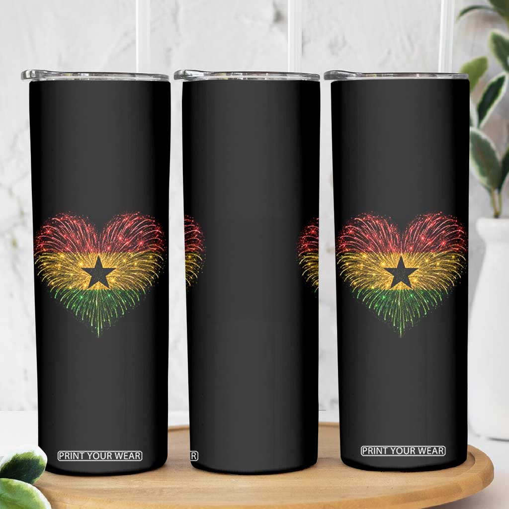 Ghana Flag Heart Ghanaian Flag Skinny Tumbler Heart Fireworks Patriotic Independence Day Celebration Graphic