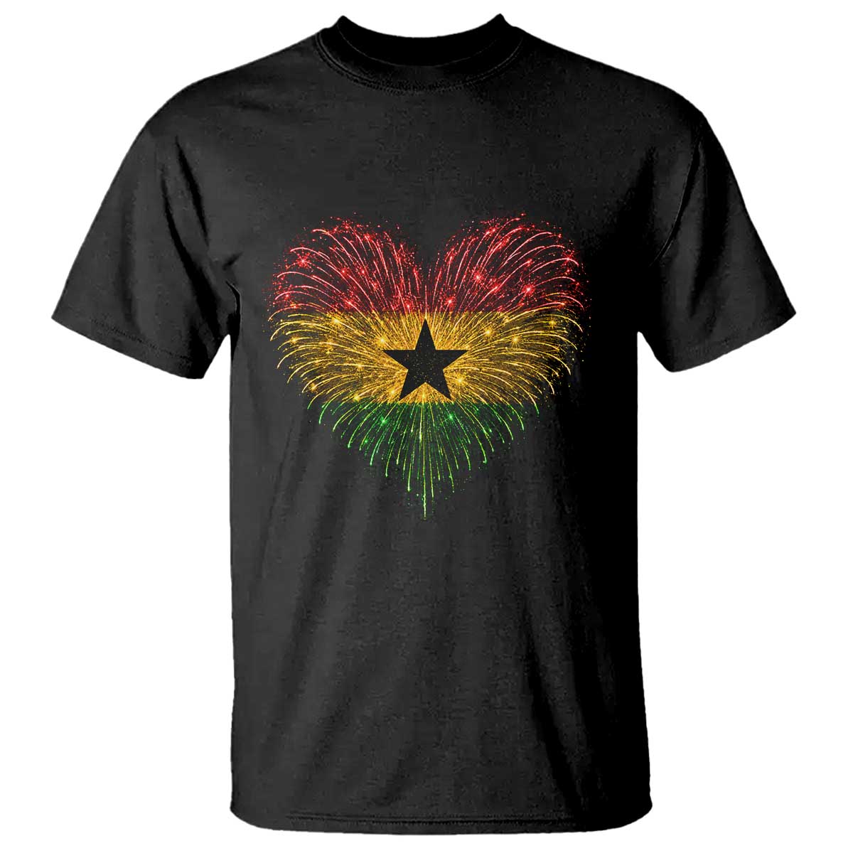 Ghana Flag Heart Ghanaian Flag T Shirt Heart Fireworks Patriotic Independence Day Celebration Graphic
