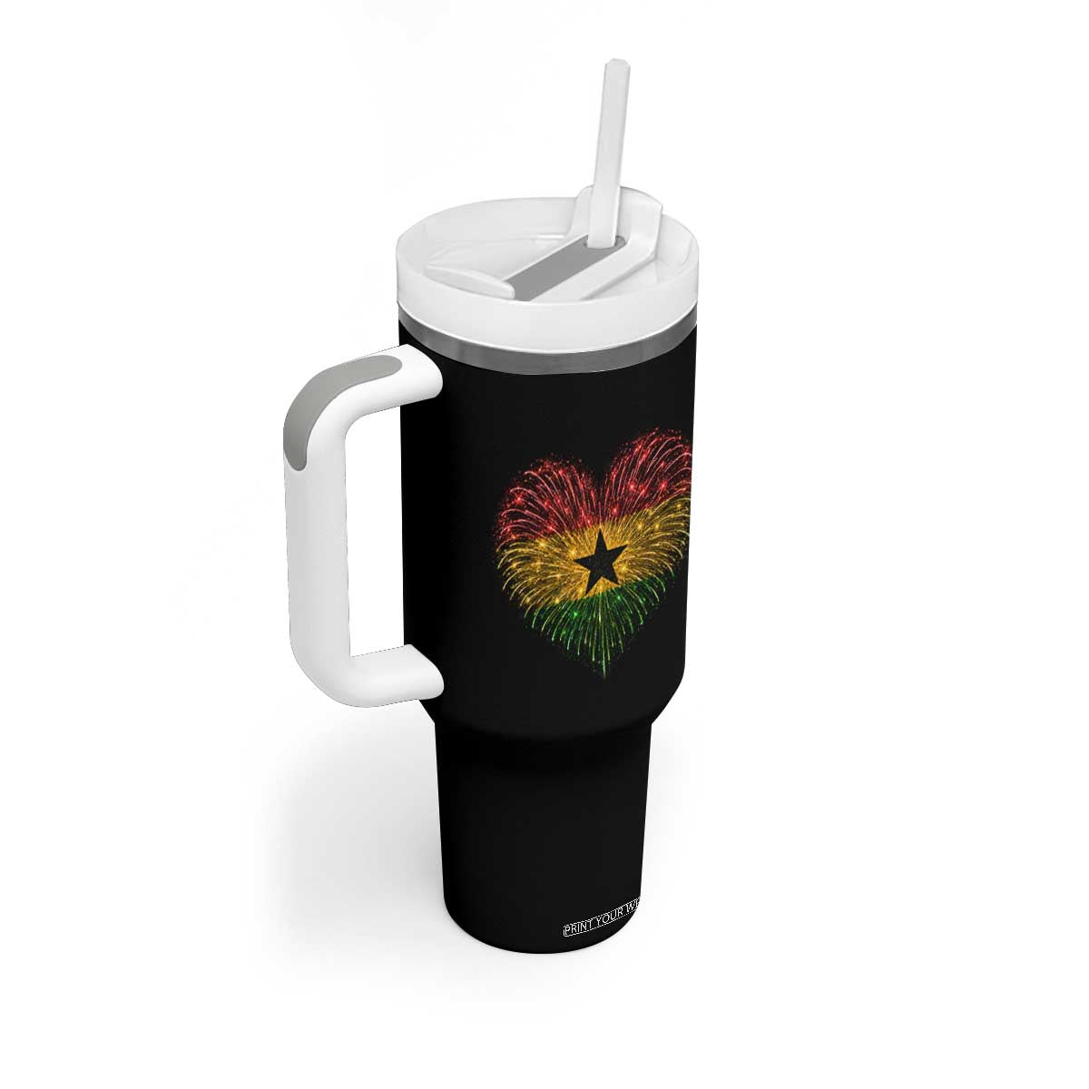Ghana Flag Heart Ghanaian Flag Tumbler With Handle Heart Fireworks Patriotic Independence Day Celebration Graphic