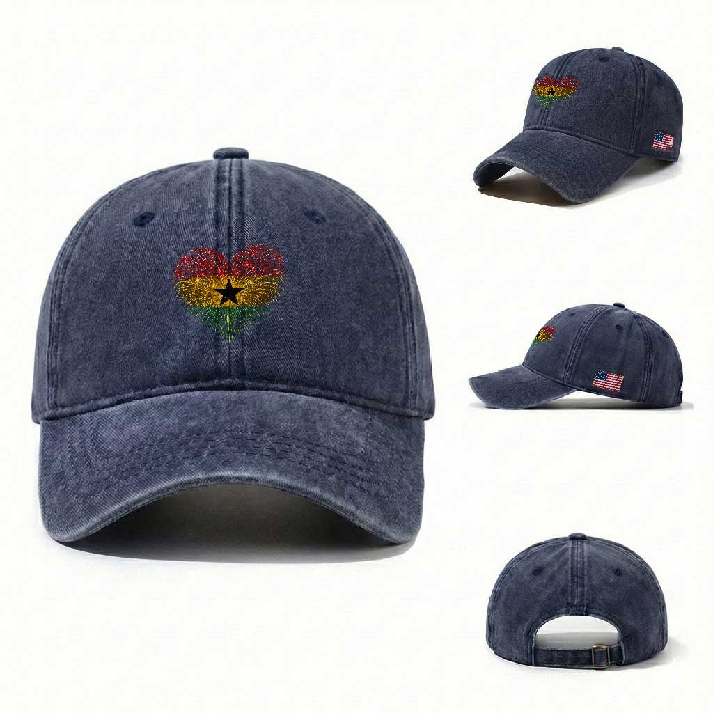 Ghana Flag Heart Ghanaian Flag Washed Cotton Baseball Cap Heart Fireworks Patriotic Independence Day Celebration Graphic