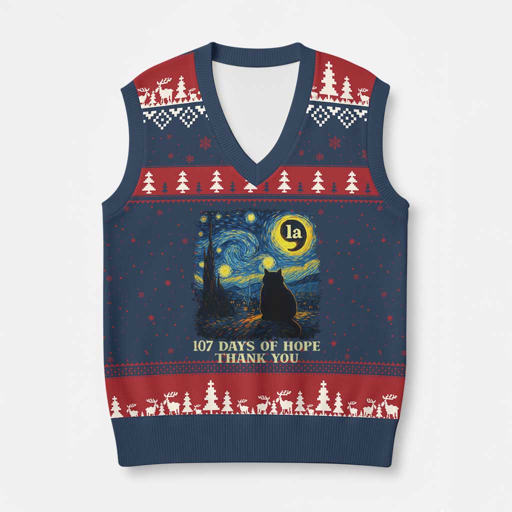 107 Days of Hope Thank You Kamala V-Neck Knit Sweater Vest Cat Starry Night Van Gogh Comma La Harris TS10 Navy Red Print Your Wear