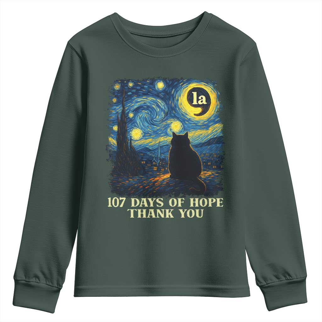 107 Days of Hope Thank You Kamala Youth Sweatshirt Cat Starry Night Van Gogh Comma La Harris TS10 Dark Forest Green Print Your Wear