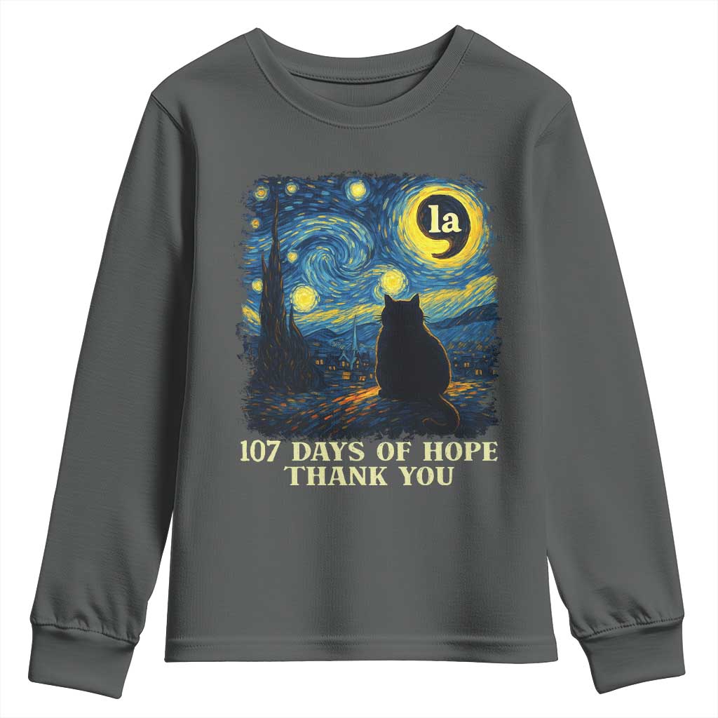 107 Days of Hope Thank You Kamala Youth Sweatshirt Cat Starry Night Van Gogh Comma La Harris TS10 Dark Heather Print Your Wear