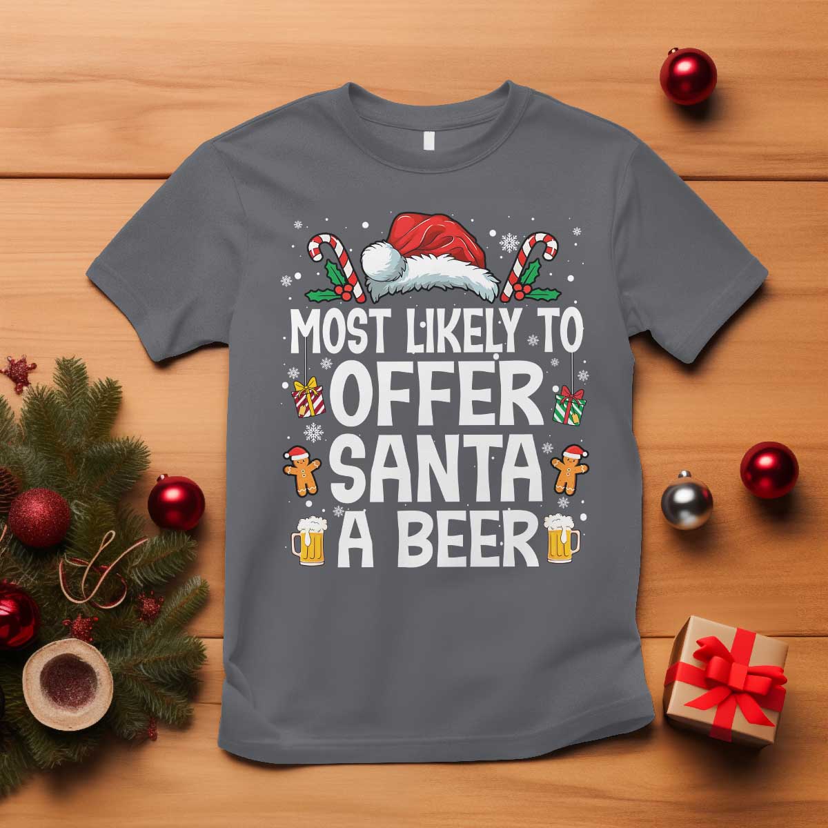 Family Matching Christmas T Shirt Most Likely To Christmas To Offer Santa A Beer TS10 Charcoal Print Your Wear