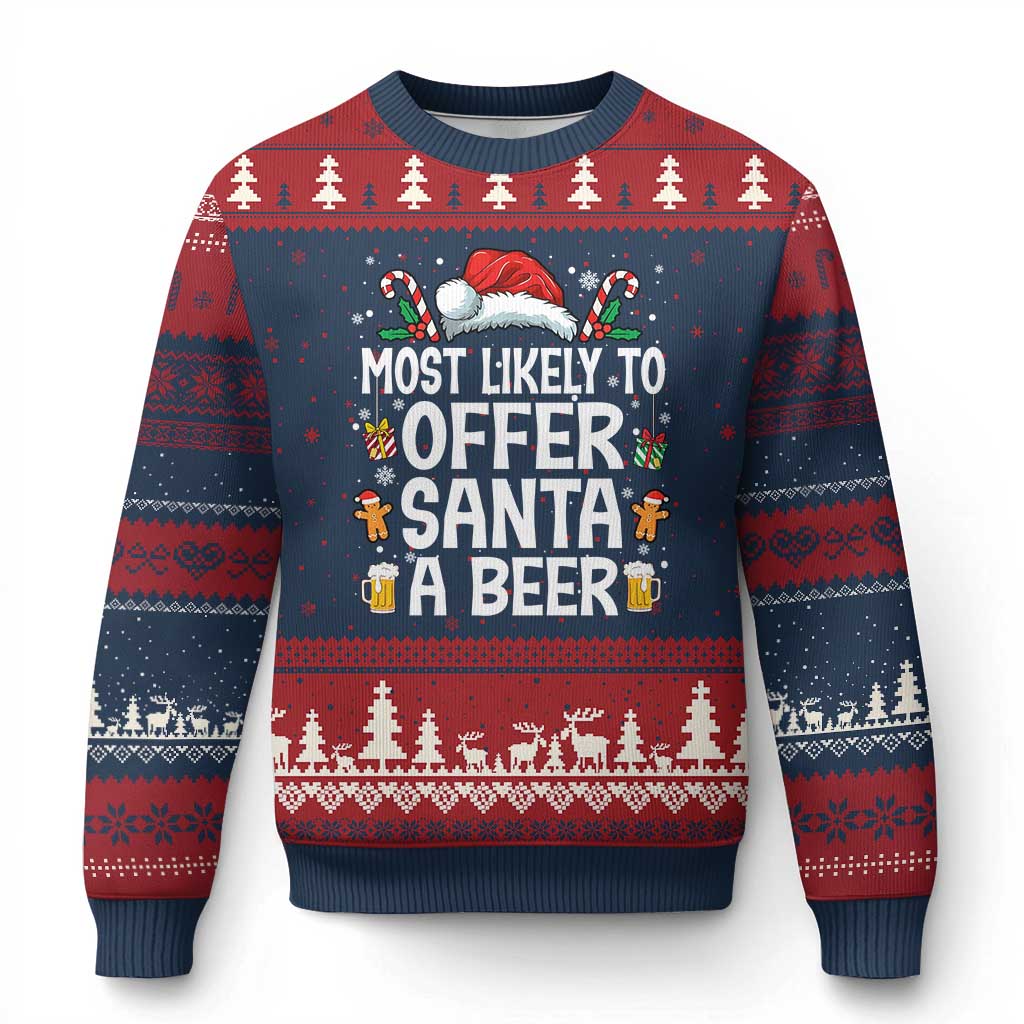 Family Matching Xmas Ugly Christmas Sweater Most Likely To Christmas To Offer Santa A Beer TS10 Navy Red Print Your Wear