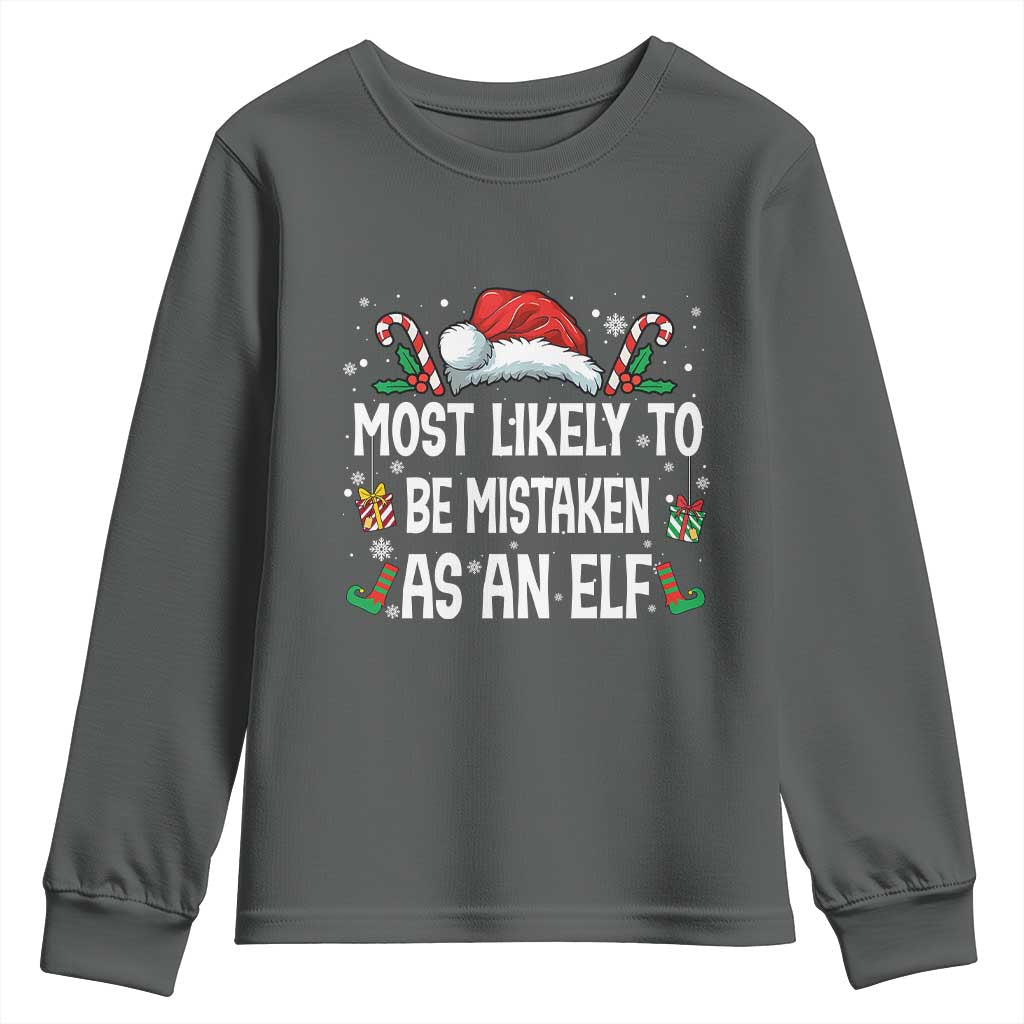 Family Matching Christmas Youth Sweatshirt Funny Most Likely To Be Mistaken As An Elf TS10 Dark Heather Print Your Wear