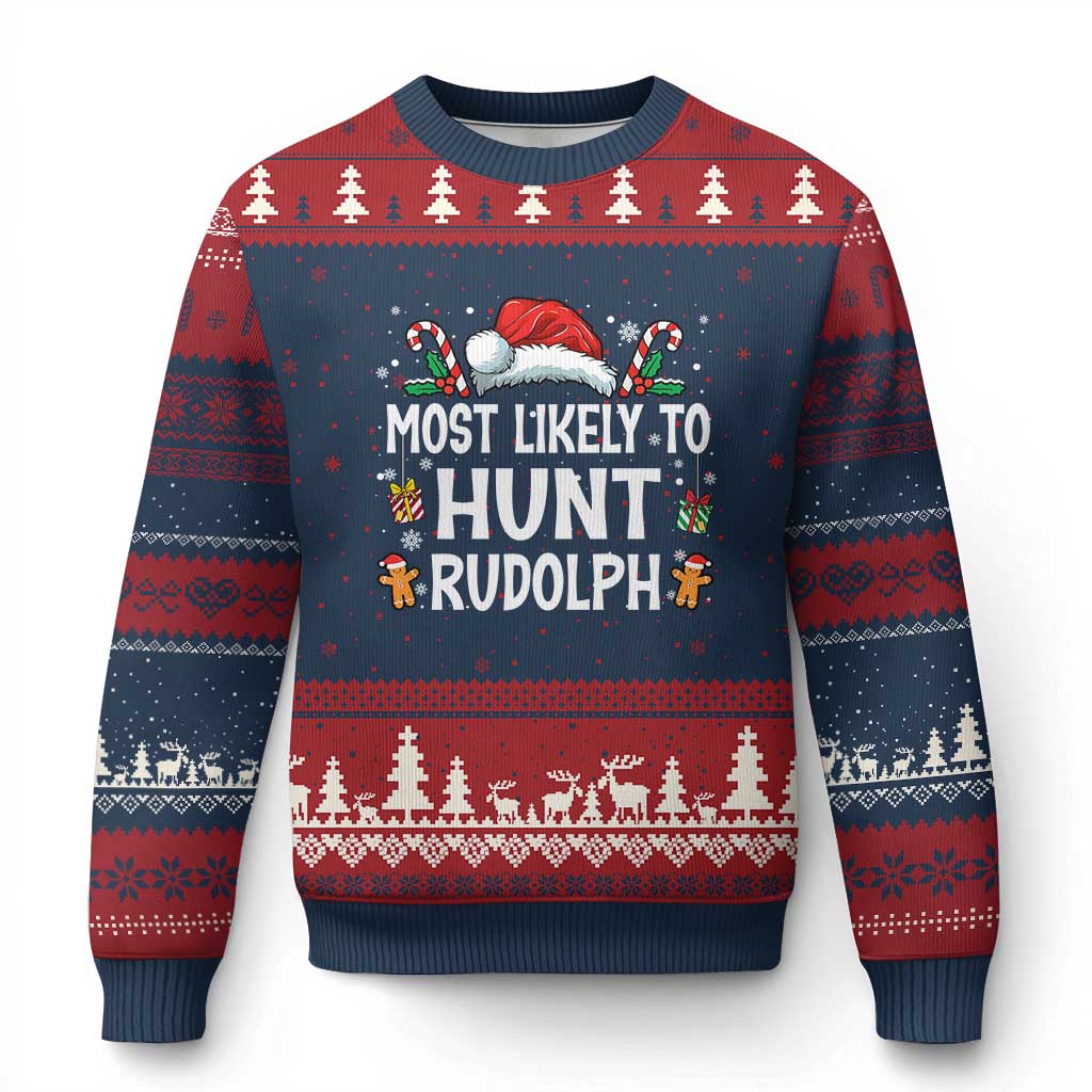 Family Matching Xmas Ugly Christmas Sweater Most Likely To Hunt Rudolph TS10 Navy Red Print Your Wear