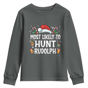 Family Matching Christmas Youth Sweatshirt Most Likely To Hunt Rudolph TS10 Dark Heather Print Your Wear