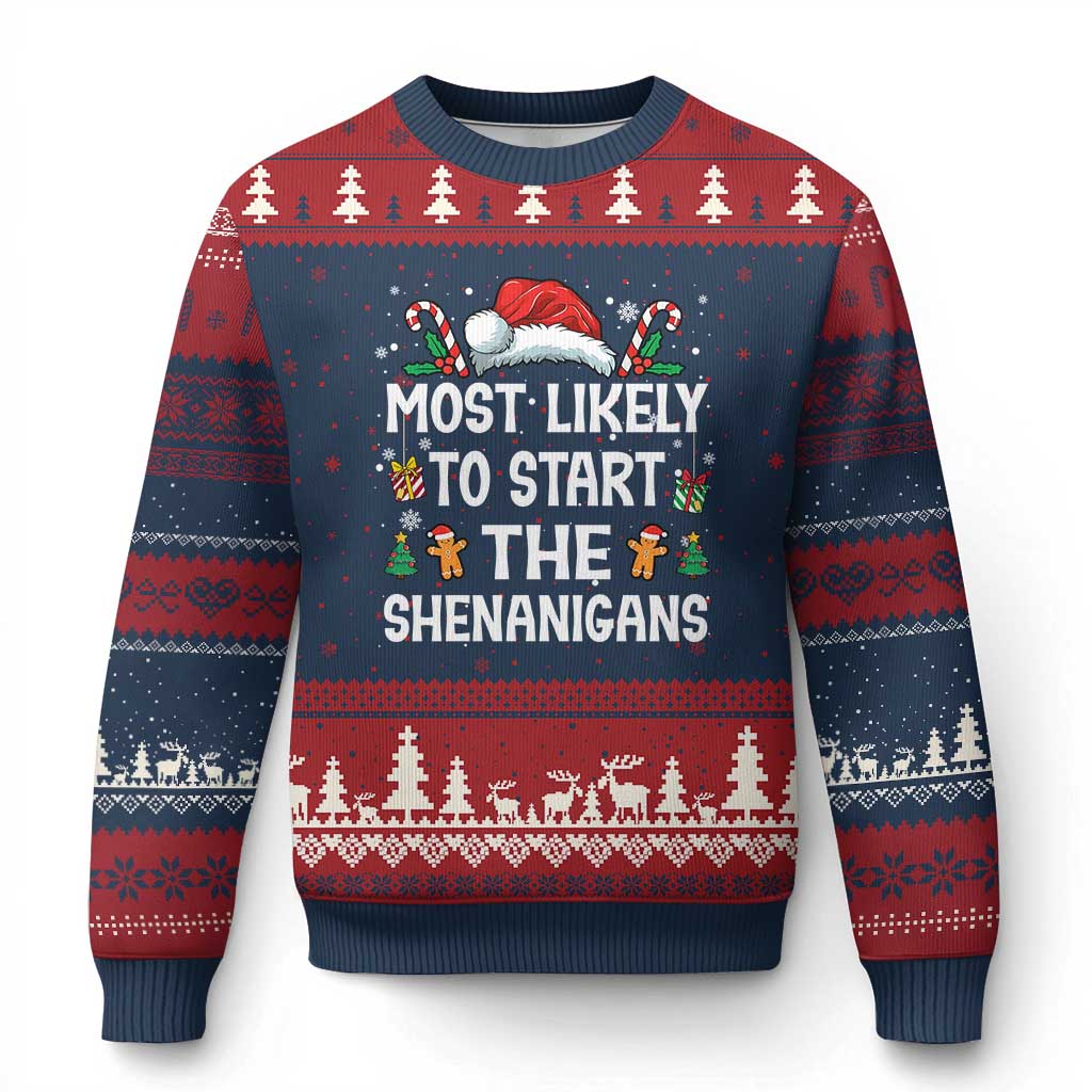 Family Matching Xmas Ugly Christmas Sweater Most Likely To Start All The Shenanigans TS10 Navy Red Print Your Wear