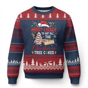 Funny Xmas Squad Ugly Christmas Sweater Most Likely To Eat All The Christmas Tree Cakes TS10 Navy Red Print Your Wear