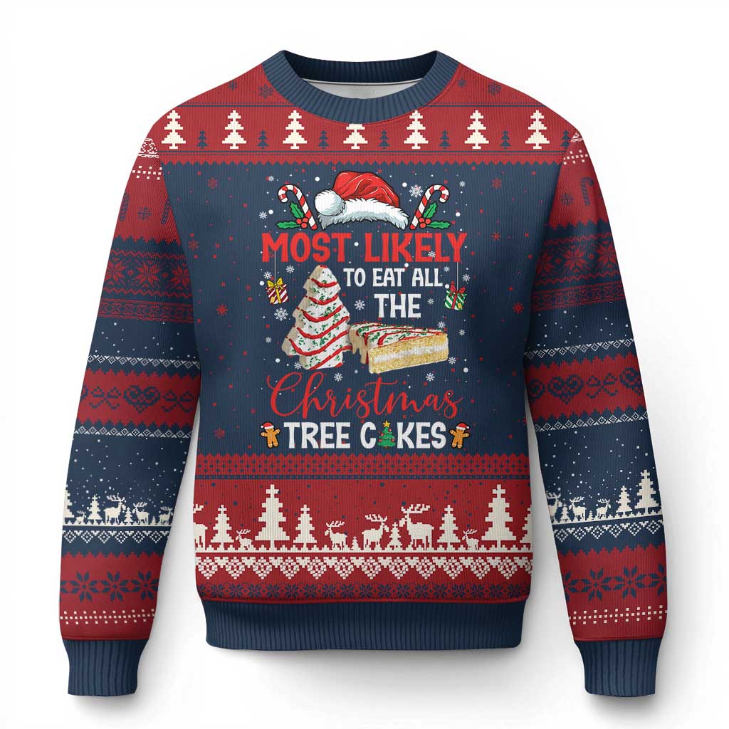 Funny Xmas Squad Ugly Christmas Sweater Most Likely To Eat All The Christmas Tree Cakes TS10 Navy Red Print Your Wear