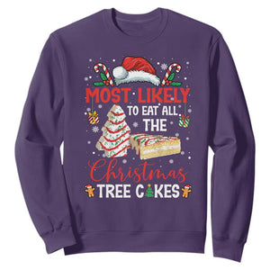 Funny Christmas Squad Sweatshirt Most Likely To Eat All The Christmas Tree Cakes TS10 Purple Print Your Wear
