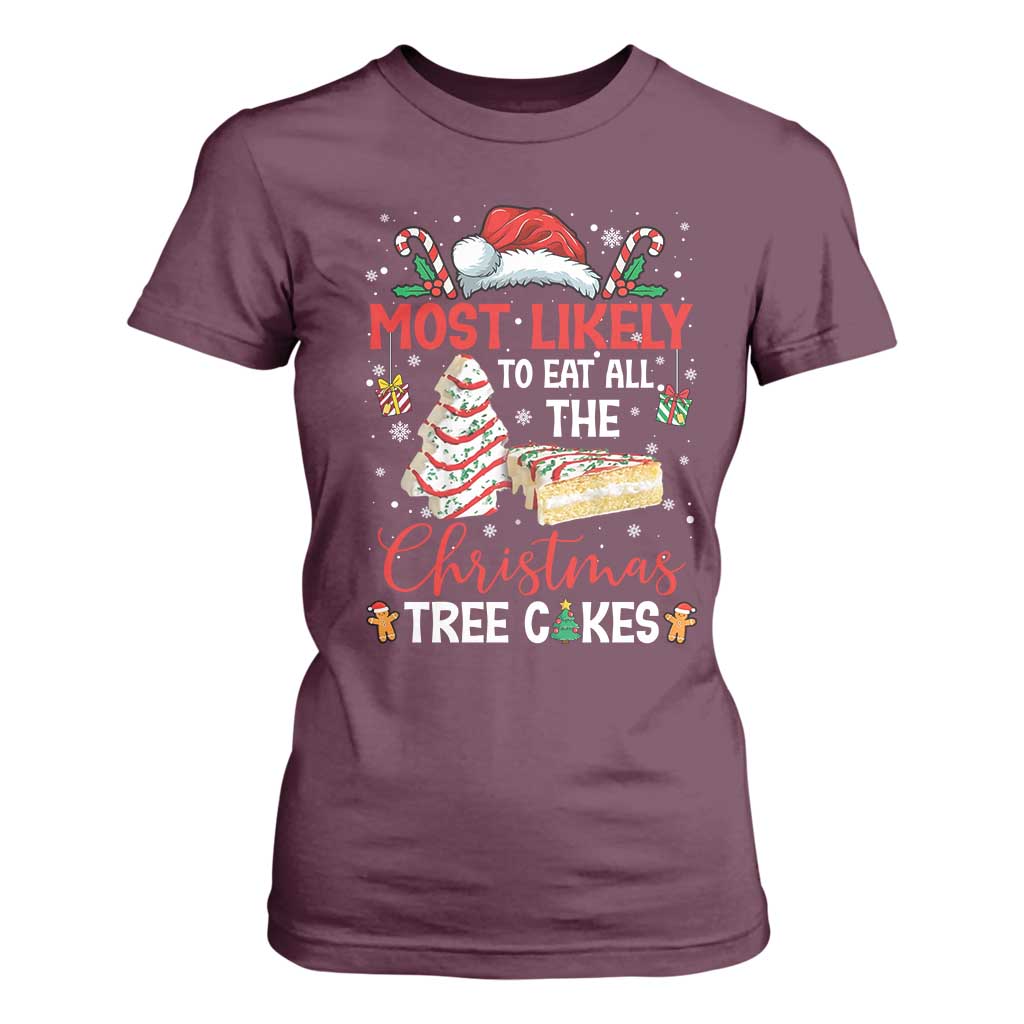 Funny Christmas Squad T Shirt For Women Most Likely To Eat All The Christmas Tree Cakes TS10 Maroon Print Your Wear