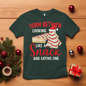 Torn Between Looking Like A Snack Or Eating One Christmas T Shirt Debbies Tree Cake TS10 Dark Forest Green Print Your Wear