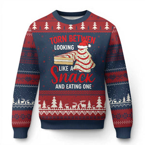 Torn Between Looking Like A Snack Or Eating One Xmas Ugly Christmas Sweater Debbies Tree Cake TS10 Navy Red Print Your Wear