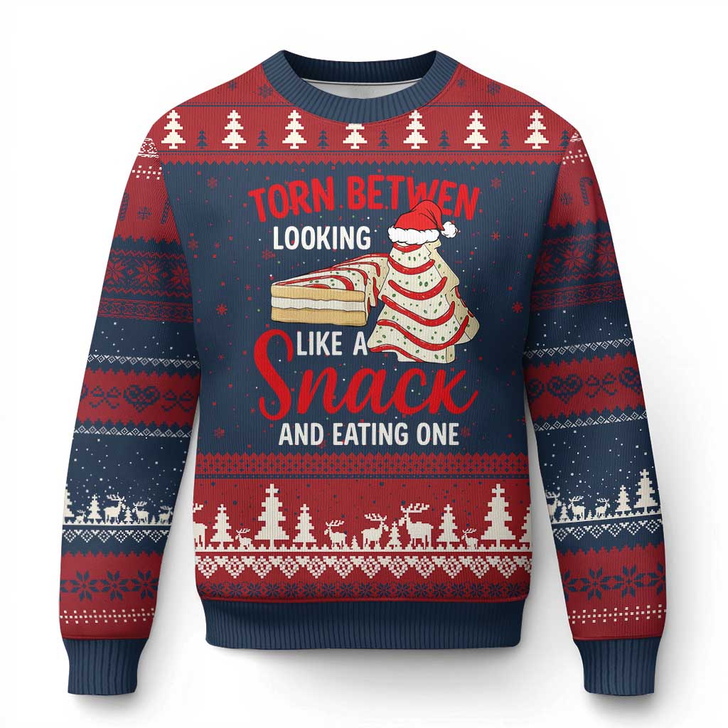Torn Between Looking Like A Snack Or Eating One Xmas Ugly Christmas Sweater Debbies Tree Cake TS10 Navy Red Print Your Wear