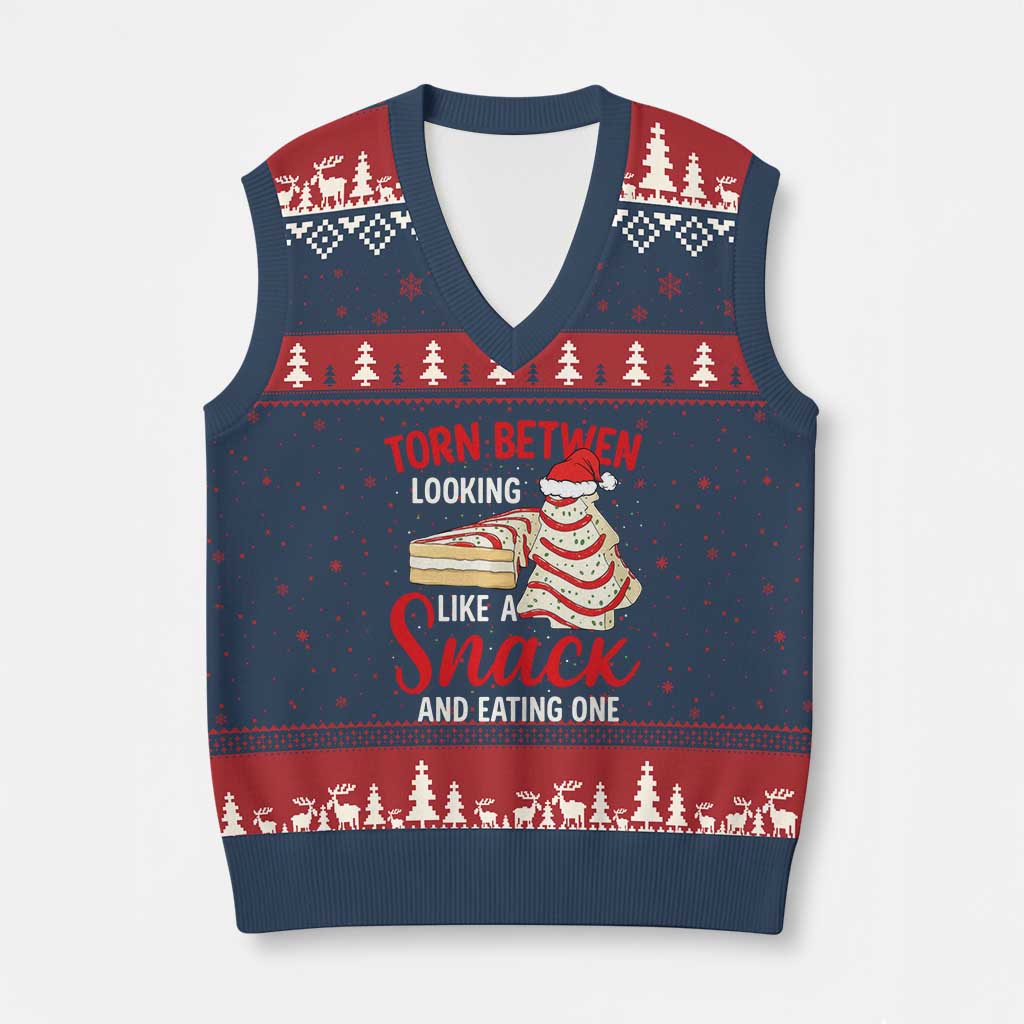 Torn Between Looking Like A Snack Or Eating One Xmas V-Neck Knit Sweater Vest Debbies Tree Cake TS10 Navy Red Print Your Wear
