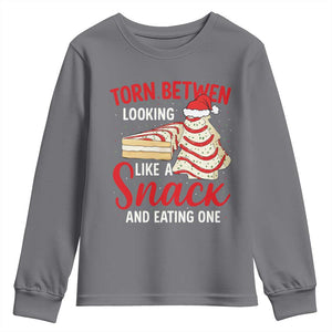 Torn Between Looking Like A Snack Or Eating One Christmas Youth Sweatshirt Debbies Tree Cake TS10 Charcoal Print Your Wear