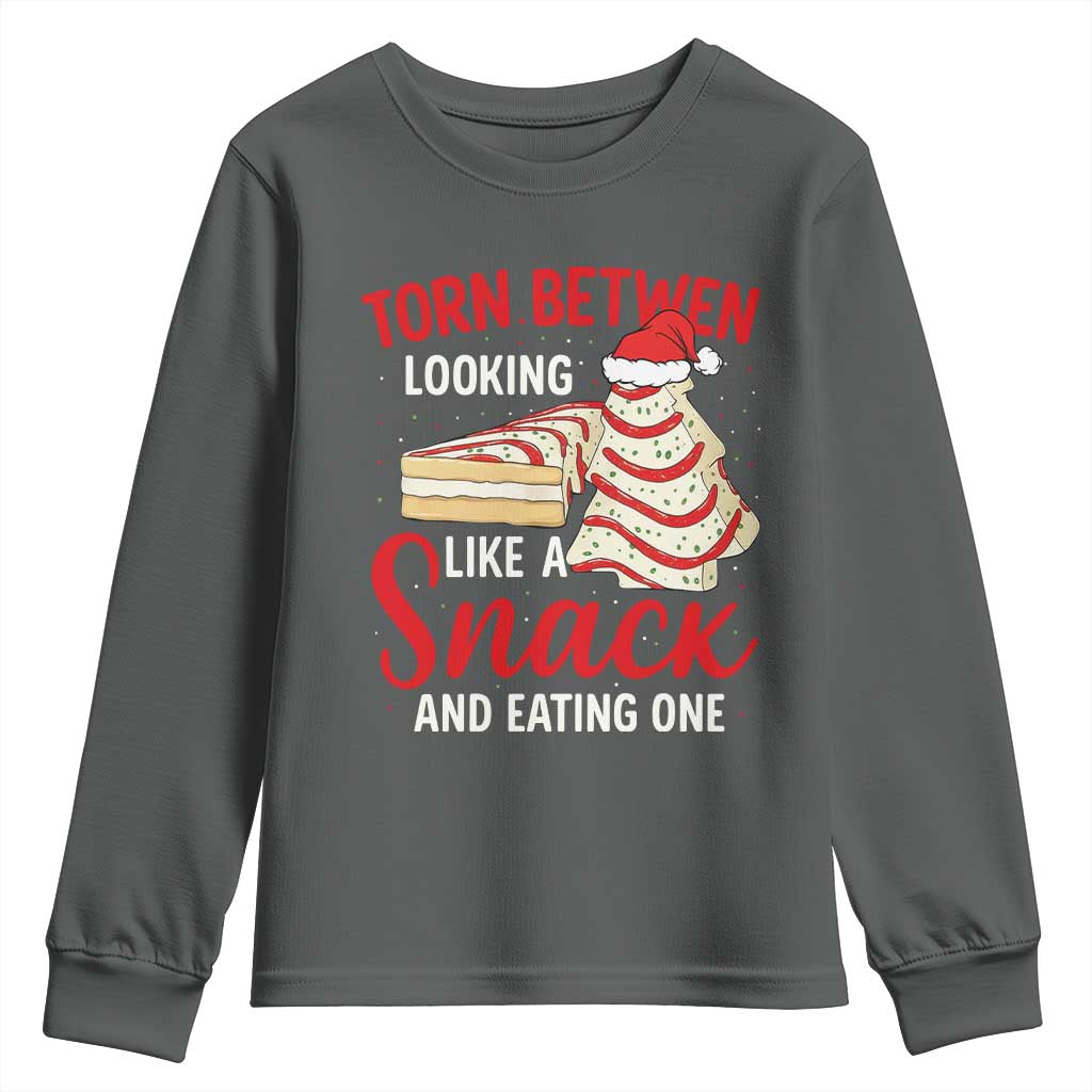 Torn Between Looking Like A Snack Or Eating One Christmas Youth Sweatshirt Debbies Tree Cake TS10 Dark Heather Print Your Wear