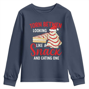 Torn Between Looking Like A Snack Or Eating One Christmas Youth Sweatshirt Debbies Tree Cake TS10 Navy Print Your Wear