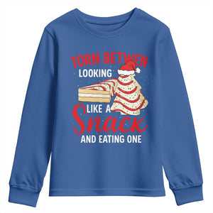 Torn Between Looking Like A Snack Or Eating One Christmas Youth Sweatshirt Debbies Tree Cake TS10 Royal Blue Print Your Wear