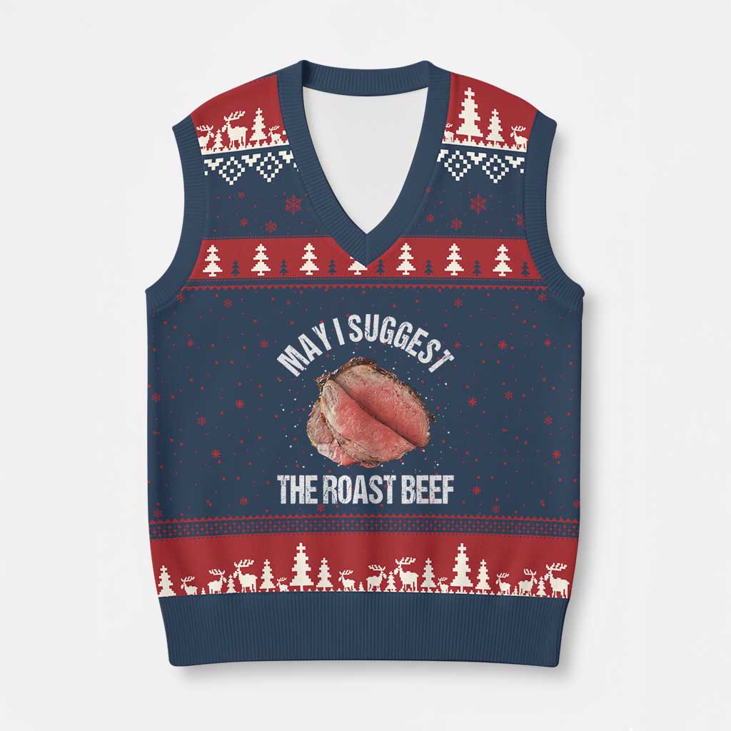 Funny Dank Meme V-Neck Knit Sweater Vest May I Suggest The Roast Beef TS10 Navy Red Print Your Wear