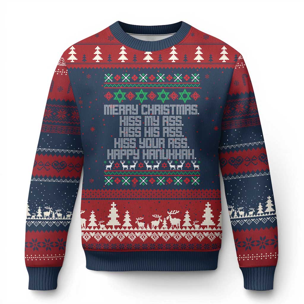Merry Xmas Kiss My Ass Happy Hanukkah Ugly Christmas Sweater TS10 Navy Red Print Your Wear