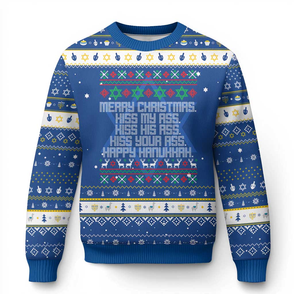 Merry Christmas Kiss My Ass Happy Hanukkah Hanukkah Ugly Sweater TS10 Blue White Print Your Wear