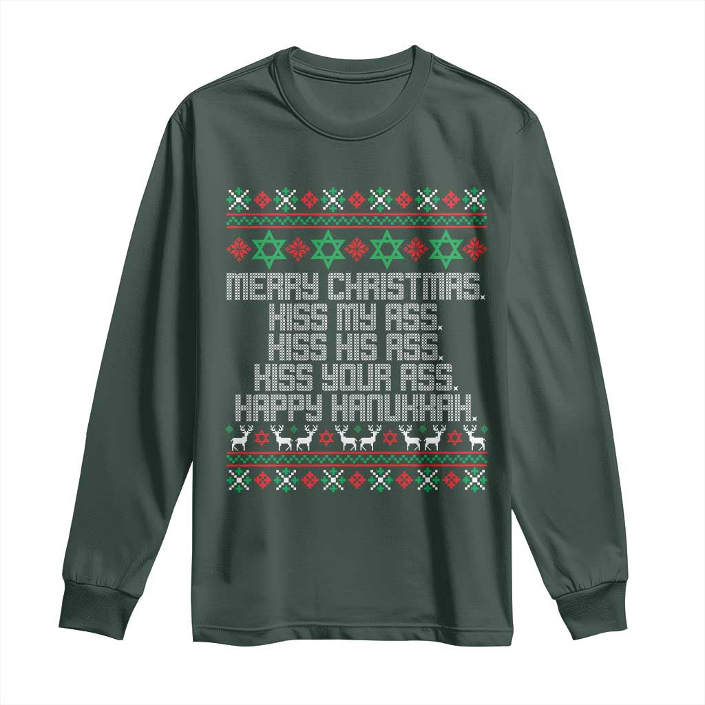 Merry Christmas Kiss My Ass Happy Hanukkah Long Sleeve Shirt TS10 Dark Forest Green Print Your Wear