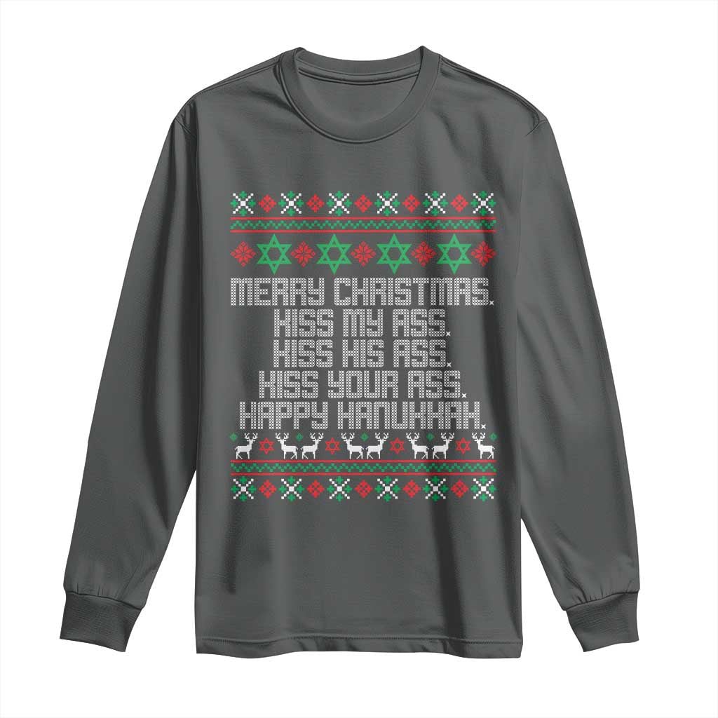 Merry Christmas Kiss My Ass Happy Hanukkah Long Sleeve Shirt TS10 Dark Heather Print Your Wear