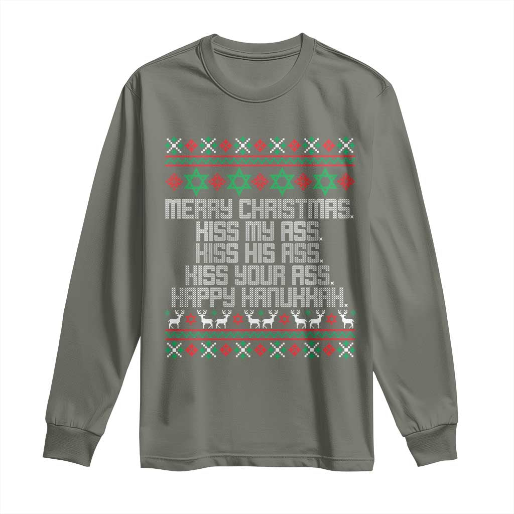 Merry Christmas Kiss My Ass Happy Hanukkah Long Sleeve Shirt TS10 Military Green Print Your Wear
