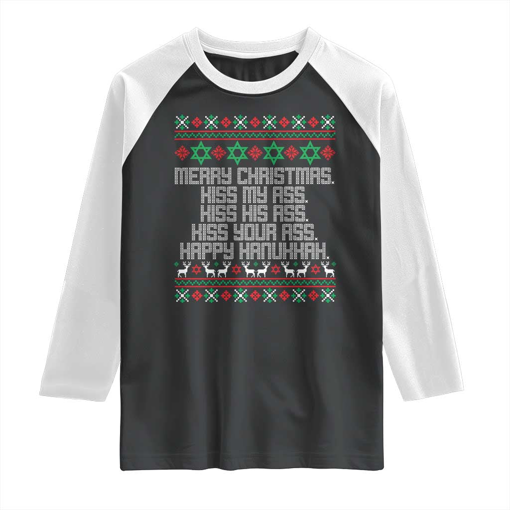 Merry Christmas Kiss My Ass Happy Hanukkah Raglan Shirt TS10 Black White Print Your Wear