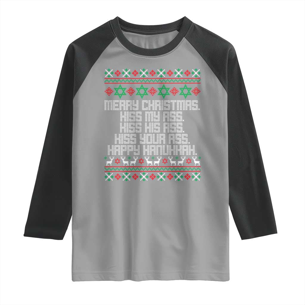 Merry Christmas Kiss My Ass Happy Hanukkah Raglan Shirt TS10 Sport Gray Black Print Your Wear