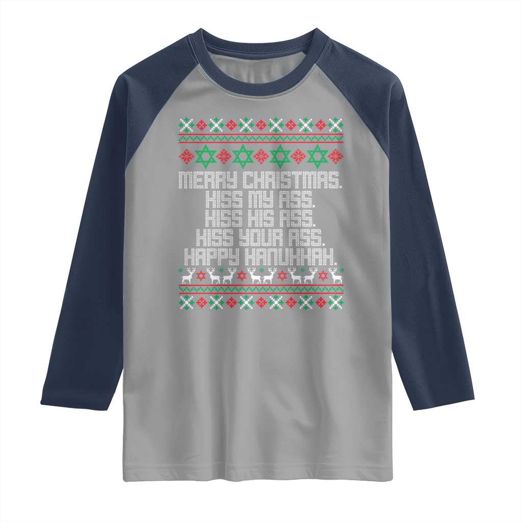 Merry Christmas Kiss My Ass Happy Hanukkah Raglan Shirt TS10 Sport Gray Navy Print Your Wear