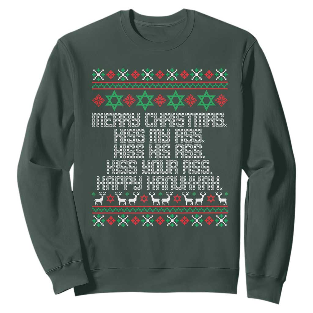Merry Christmas Kiss My Ass Happy Hanukkah Sweatshirt TS10 Dark Forest Green Print Your Wear